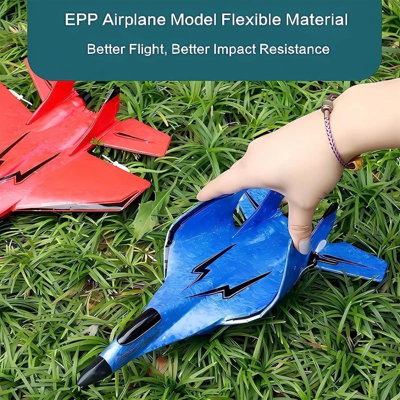 Blue airplane model held by a hand on grass with text about EPP material properties.