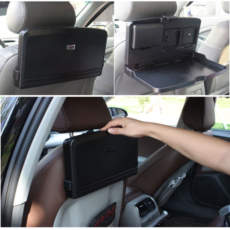 Car seat organizer with tray and headrest mount in a car interior.