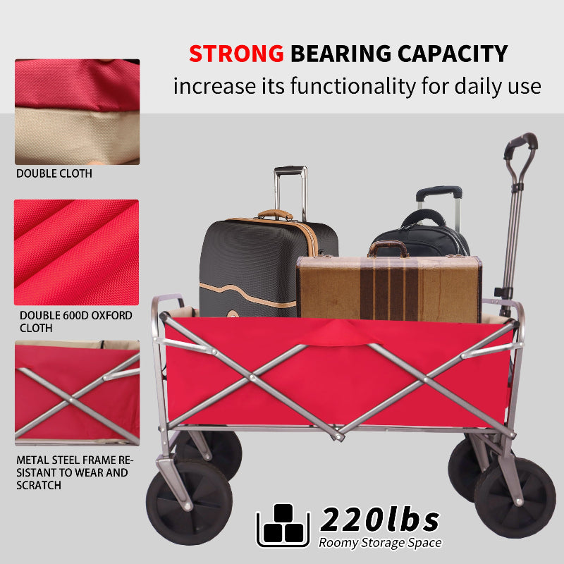 Red wagon with luggage and text highlighting its strong bearing capacity and features.