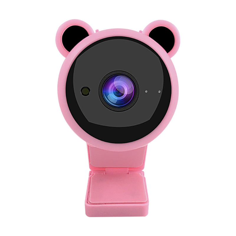 Pink camera with bear ears on a white background