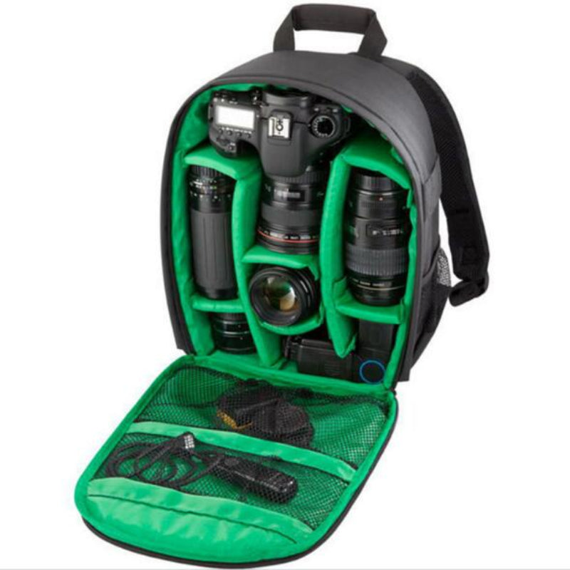 Green and black camera backpack with compartments for cameras and lenses on a white background