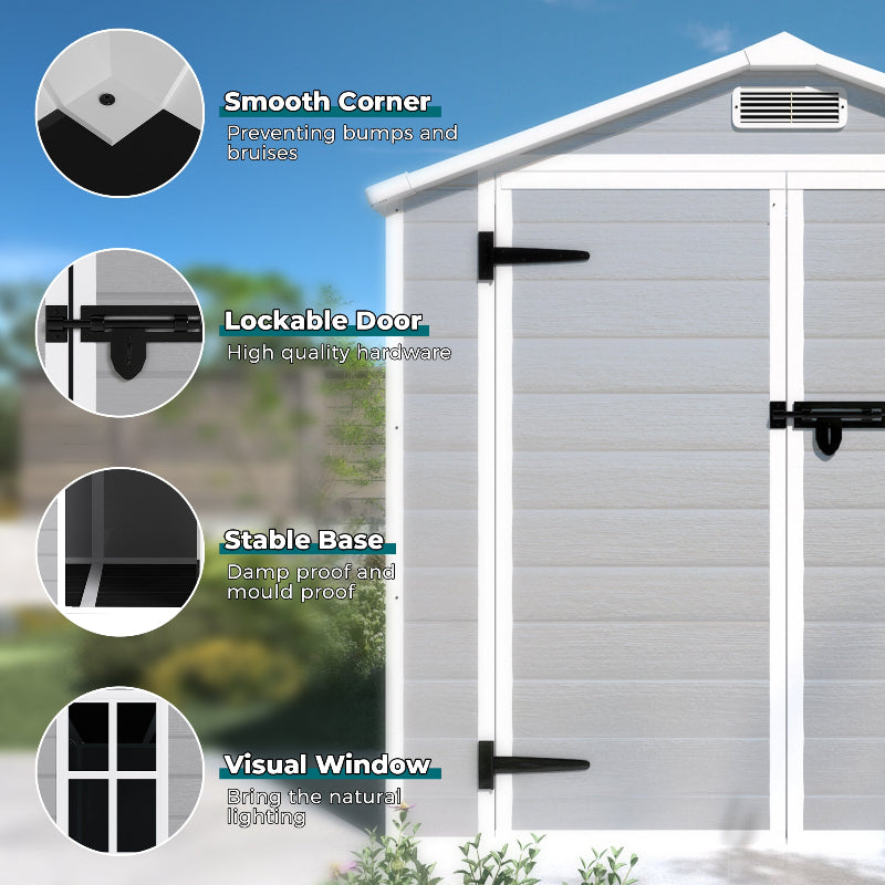 Resin Weather Resistant Outdoor Storage Shed with Floor for Garden, Becky, or Pool Tool, Light Grey