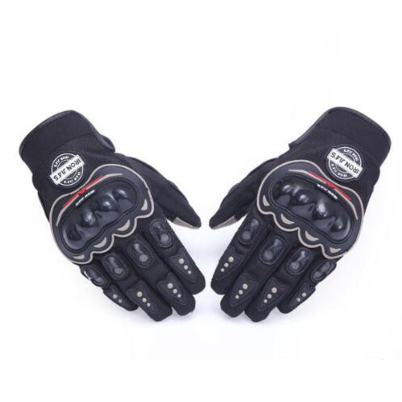 Pair of black motorcycle gloves with red accents on a white background