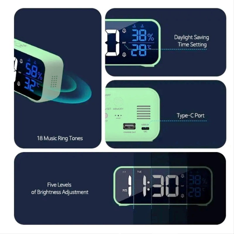 Music LED Digital Alarm Clock Voice Control Temperature Humidity Display Desktop Clocks Home Table Decoration Built-in 1200mAh