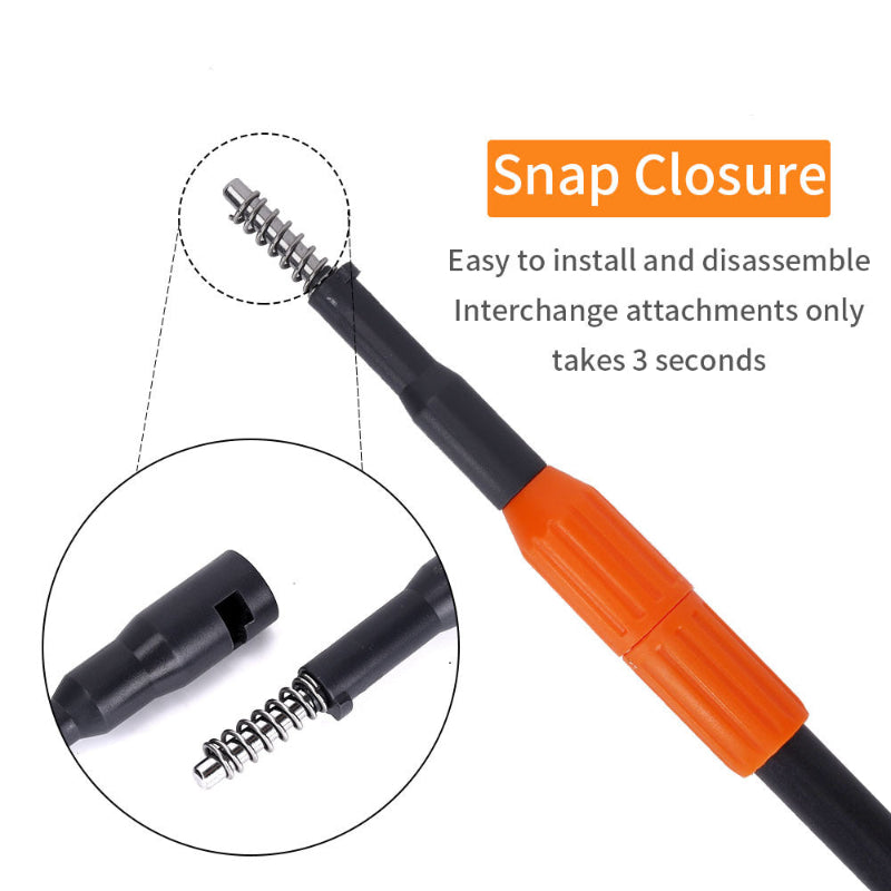 Extendable tool with orange and black design, featuring snap closure mechanism.