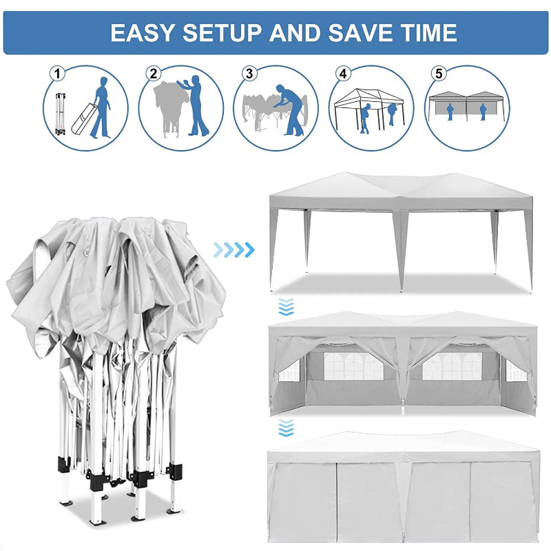 Step-by-step guide on setting up a gazebo with a folded gazebo and fully assembled gazebo shown.