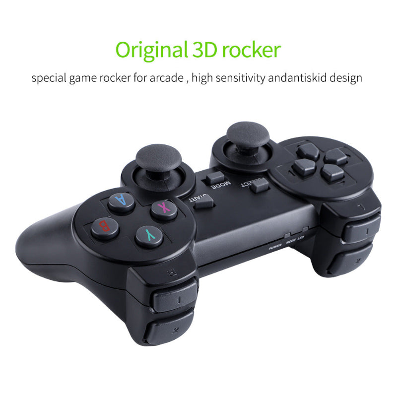 Black game controller with 3D rocker on a white background