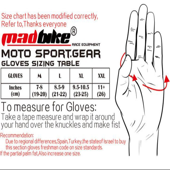 Madbike glove sizing chart with hand illustration and measurement guide