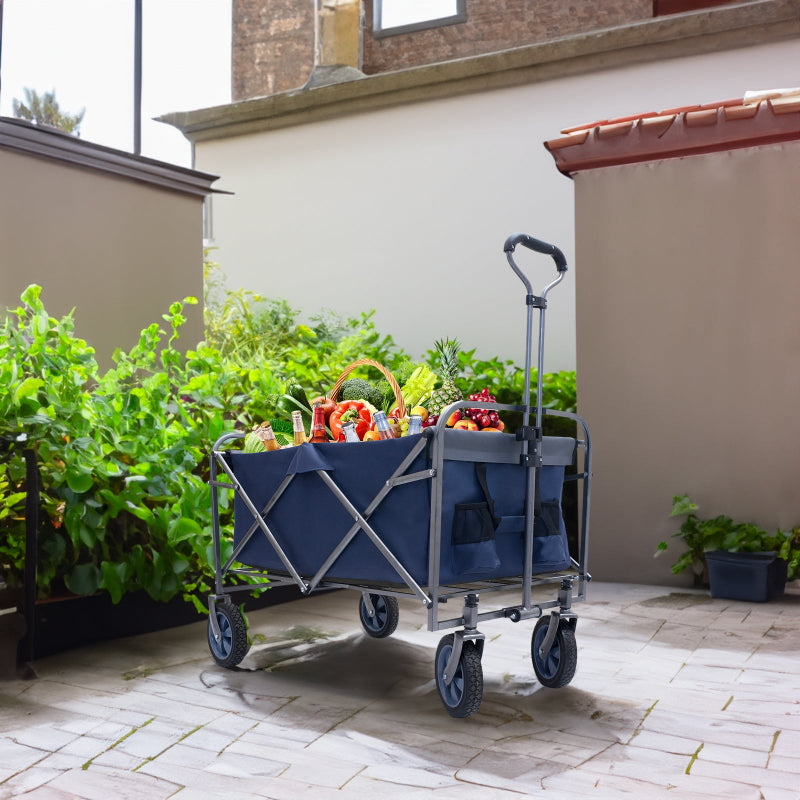 Blue and silver folding cart with groceries on a patio