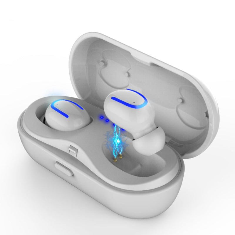 White wireless earbuds with charging case on a white background, featuring the Syllable brand.