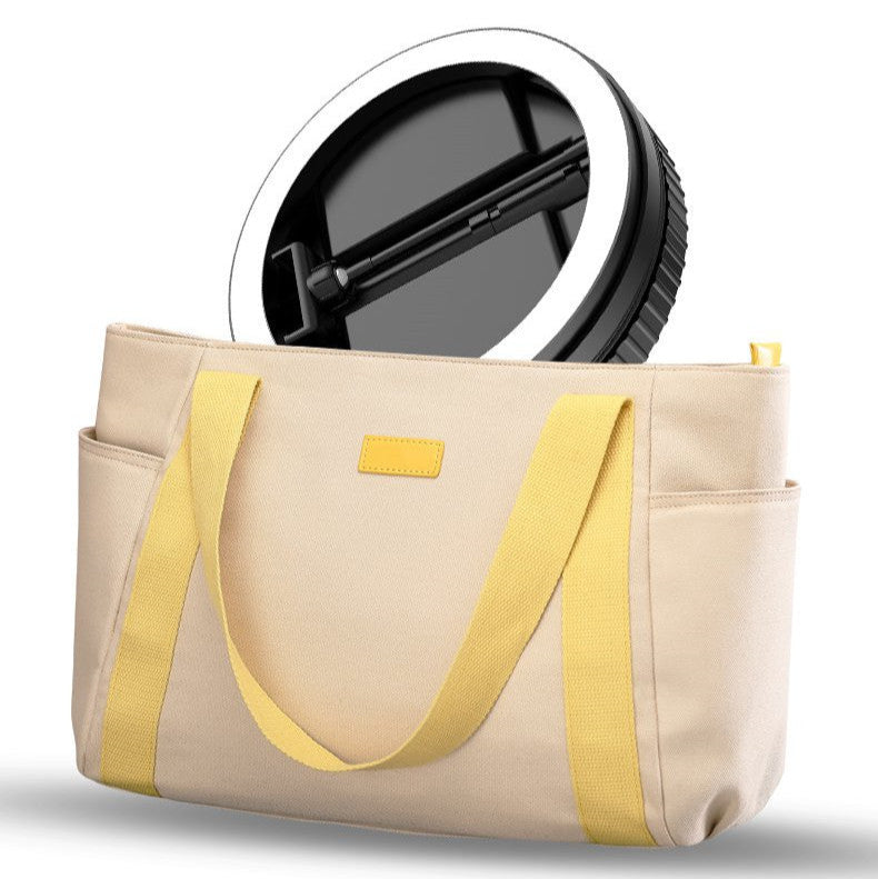 Portable LED ring light with carrying bag and before/after effects on skin.