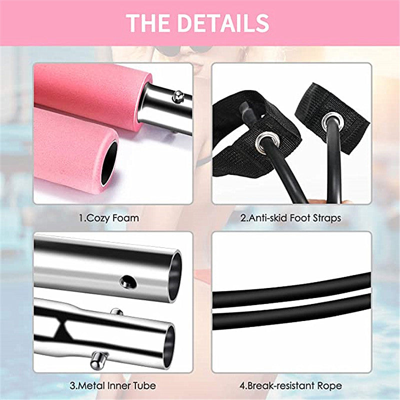 Product details including cozy foam, anti-skid foot straps, metal inner tube, and break-resistant rope on a pink background.