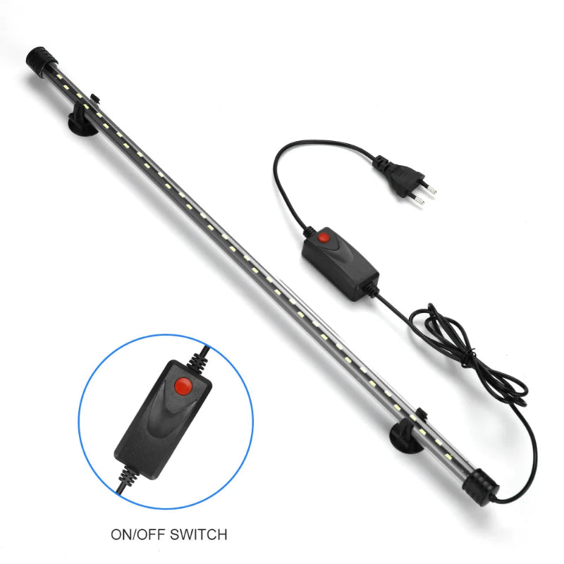 Aquarium light bar with on/off switch and power cord on a white background