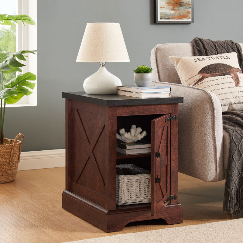 Wooden side table with open cabinet door in a living room setting