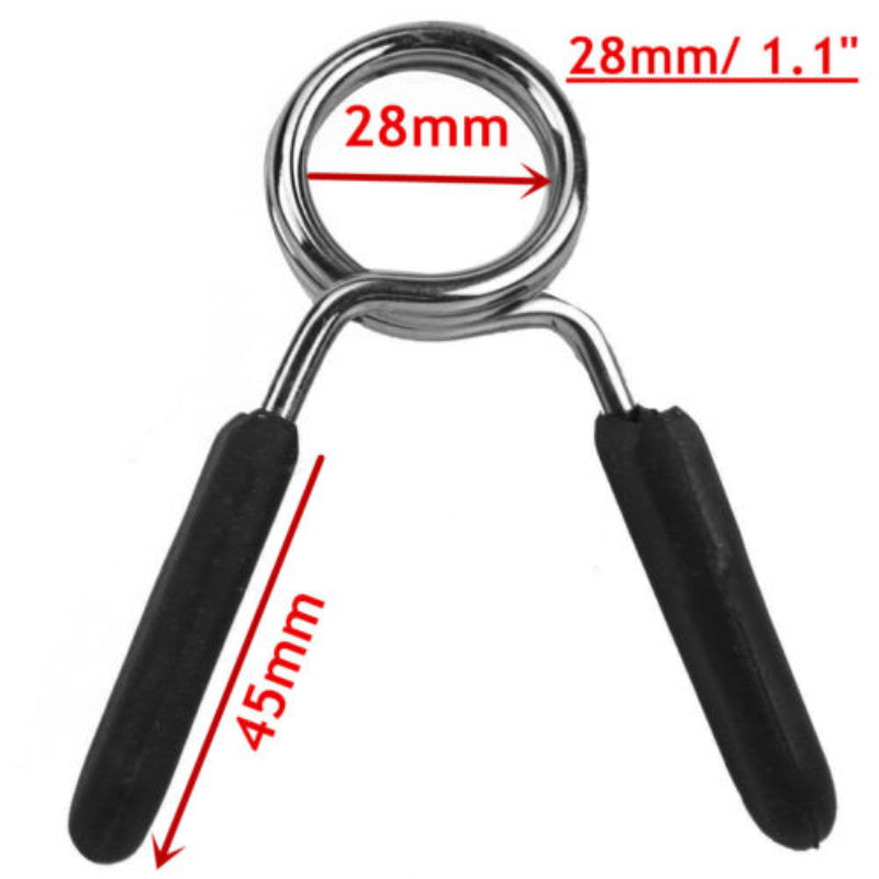 Metallic clip with black handles and measurements indicated on a white background