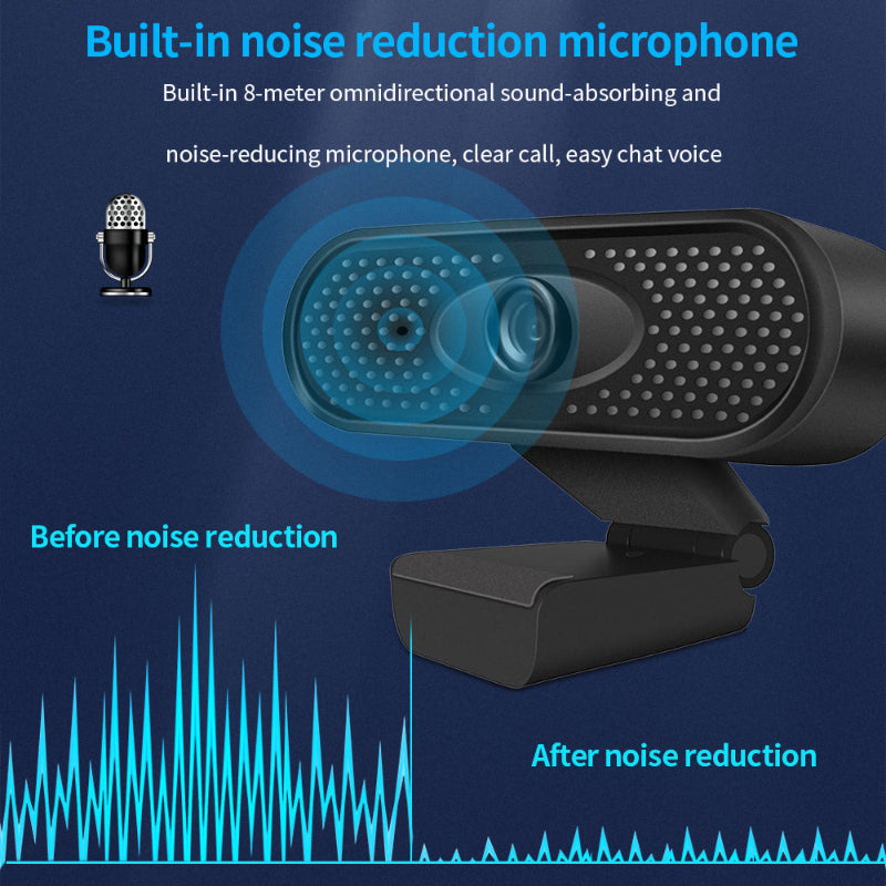 Webcam with built-in noise reduction microphone on a blue background