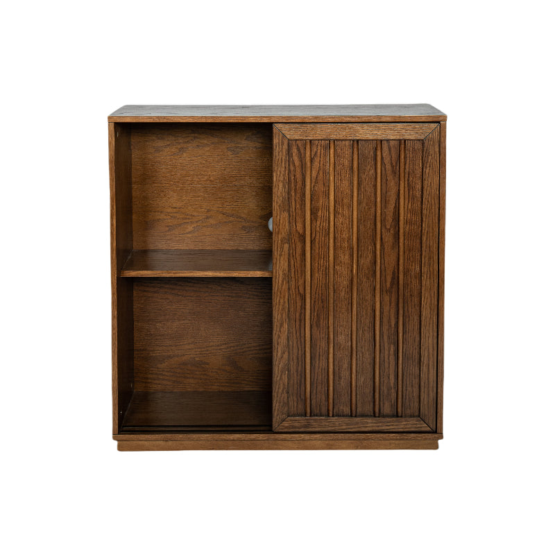 Wooden cabinet with a door and open shelf on a white background