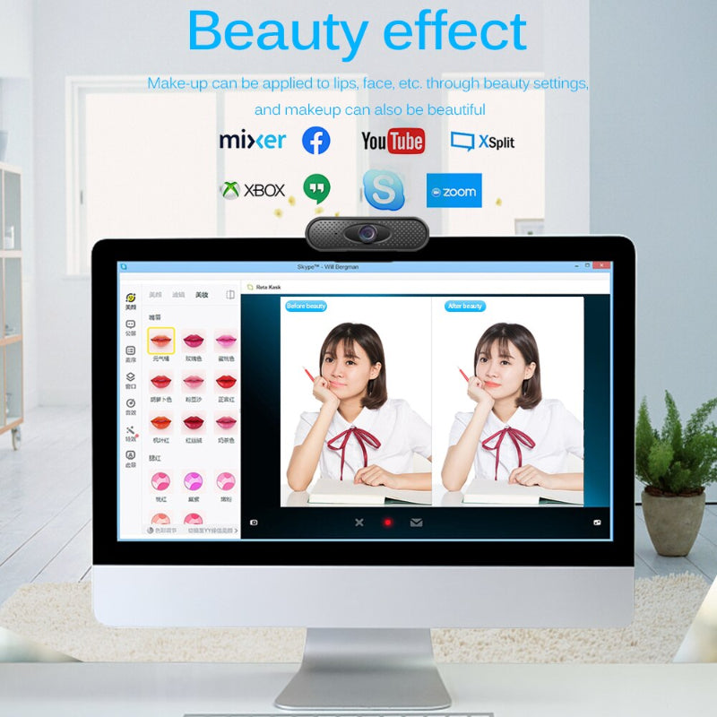 Computer monitor displaying a beauty effect software with two people on a video call.