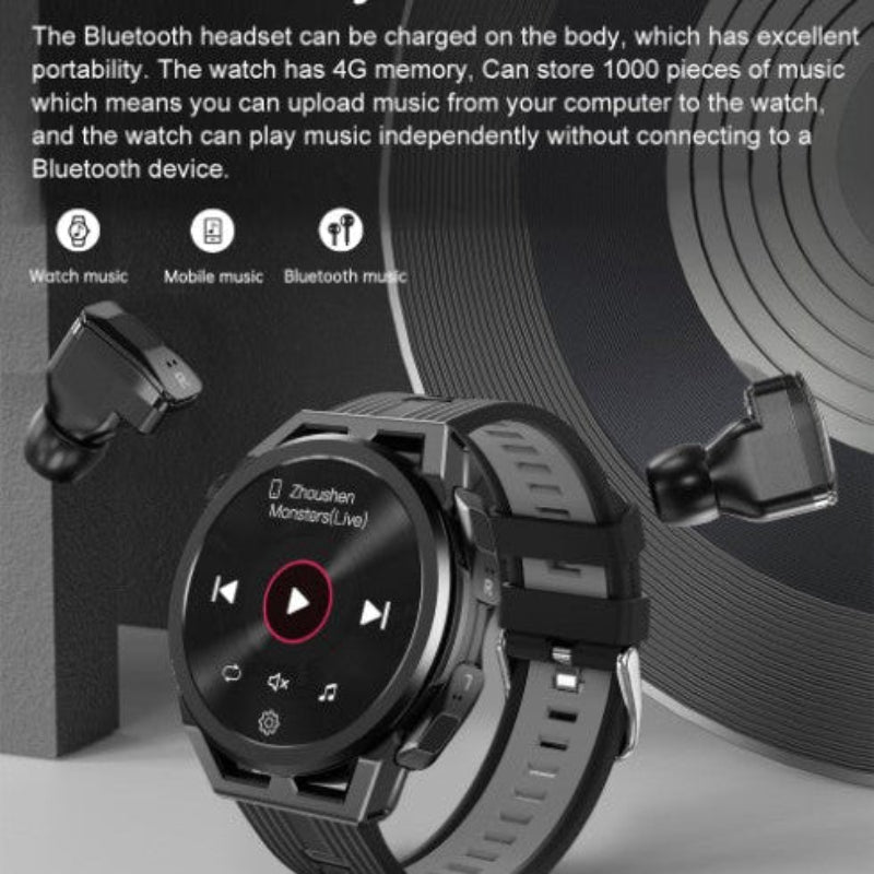 Smartwatch with various features highlighted on a dark background