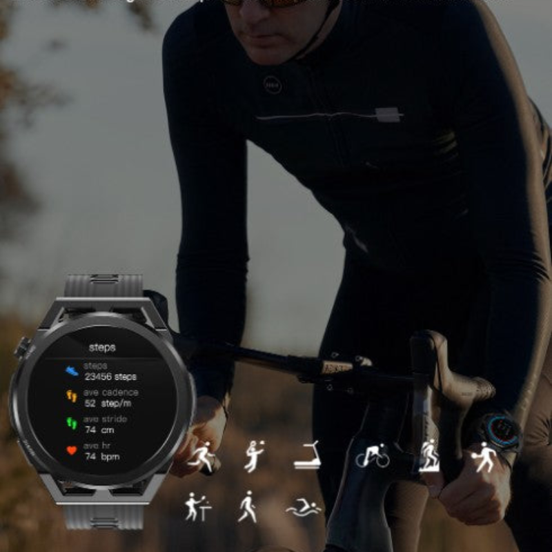 Person riding a bicycle with a focus on a smartwatch displaying fitness data.