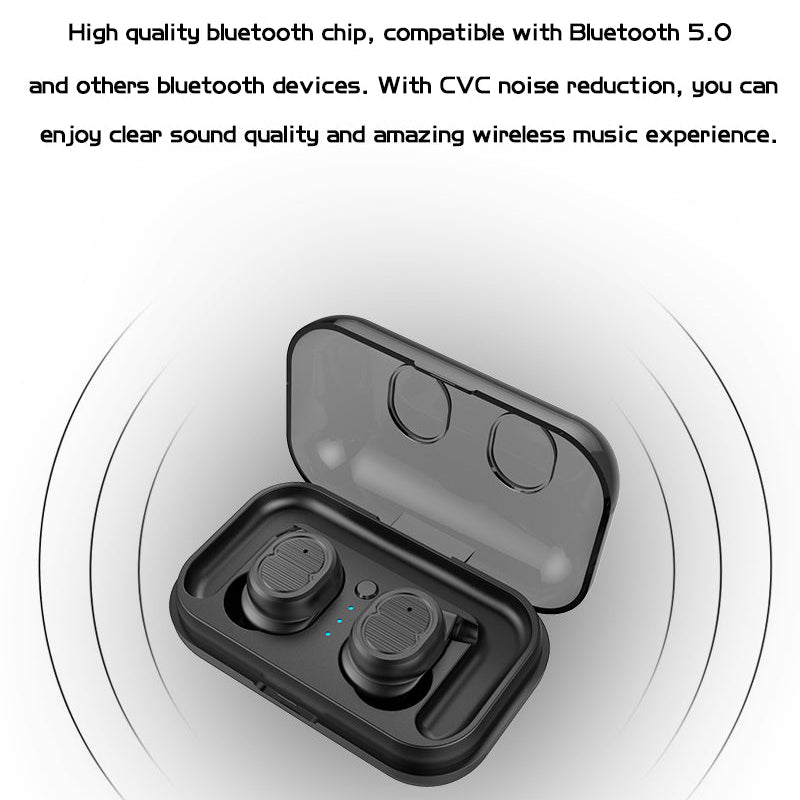 Black wireless earbuds in a charging case with text about Bluetooth technology on a white background