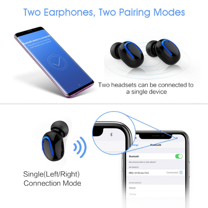 Pair of wireless earbuds with smartphone showing Bluetooth connection on a white background