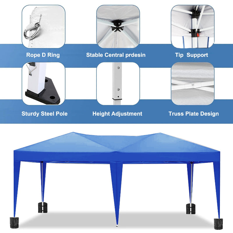 Blue outdoor canopy tent with feature highlights on a white background