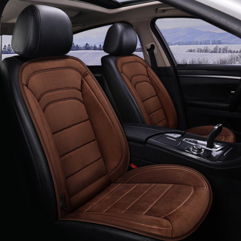 Brown car seat covers on a vehicle interior with a scenic background