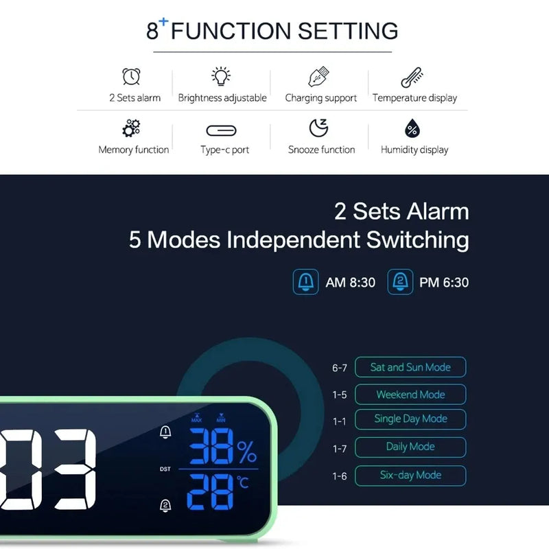 Music LED Digital Alarm Clock Voice Control Temperature Humidity Display Desktop Clocks Home Table Decoration Built-in 1200mAh