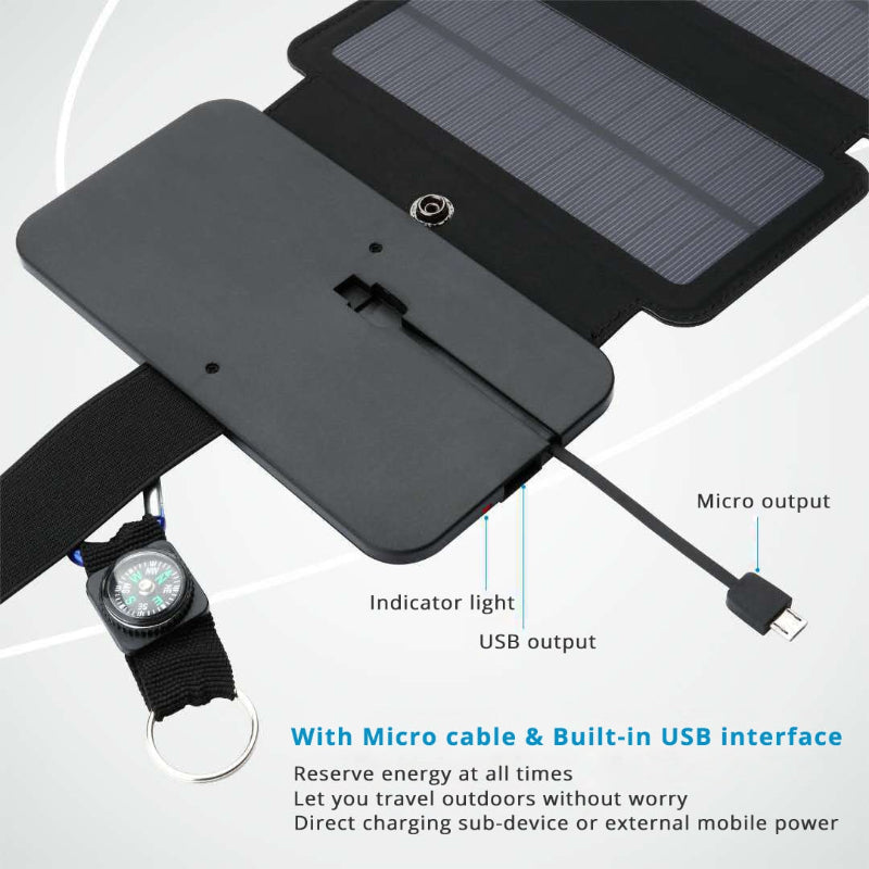 Black solar panel with attached micro cable and keychain light on a white background
