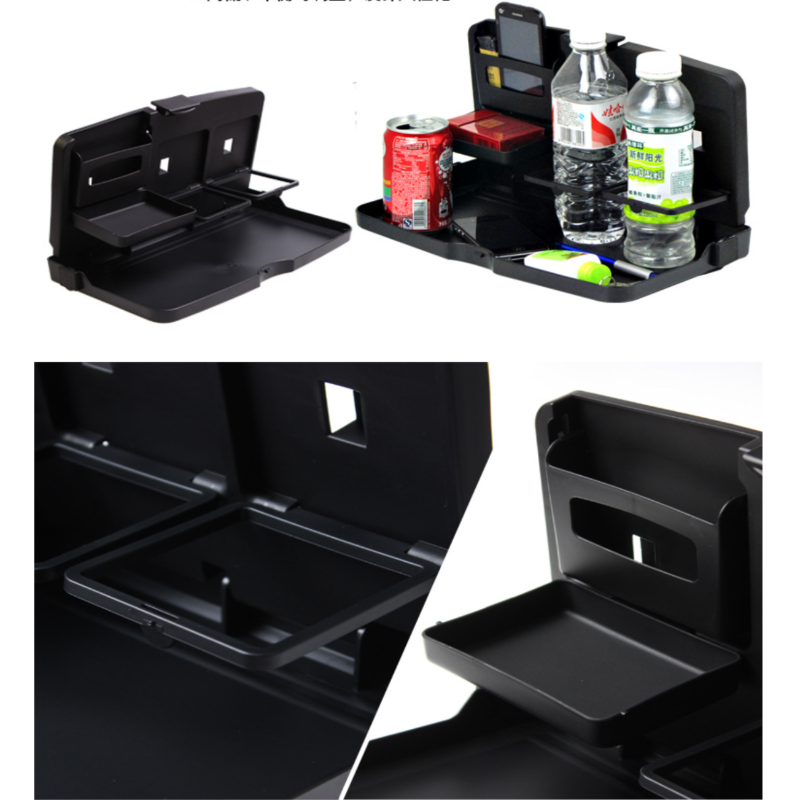 Black car tray organizer with compartments for drinks, snacks, and items.