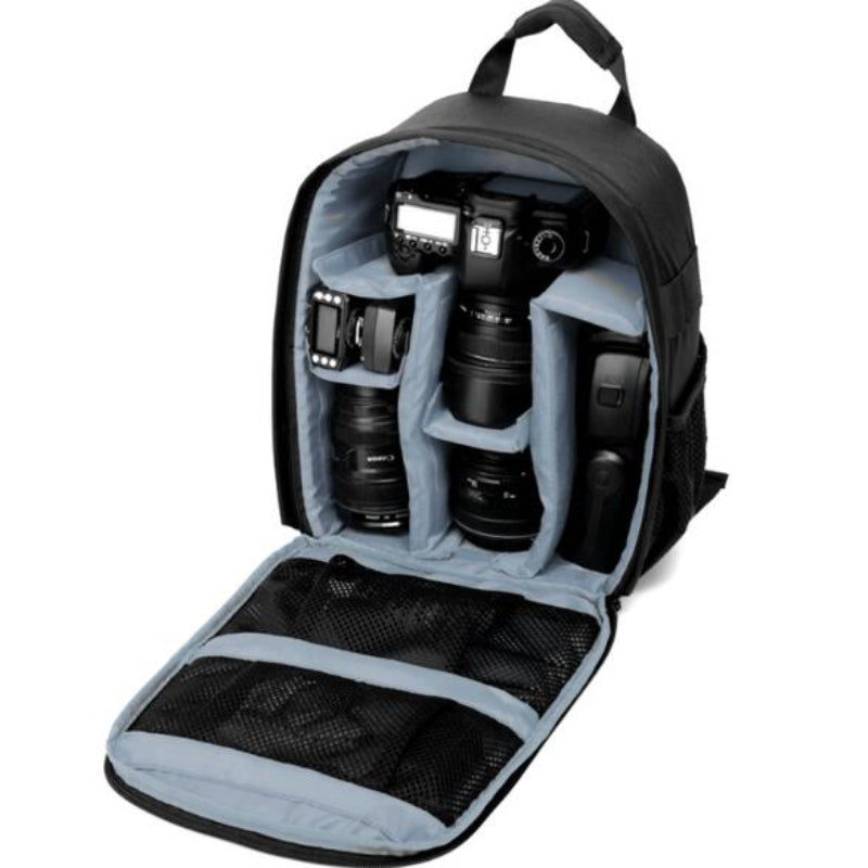 Camera backpack with compartments for camera equipment on a white background