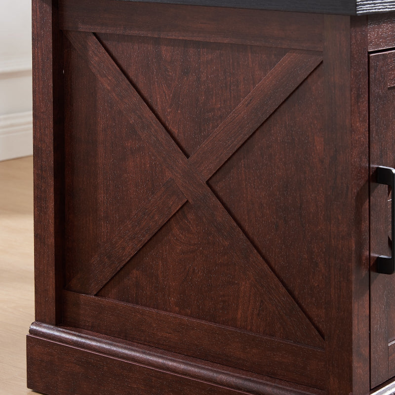 Close-up of a wooden cabinet with a decorative cross pattern on a light wood floor.