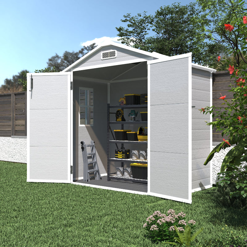 Resin Weather Resistant Outdoor Storage Shed with Floor for Garden, Becky, or Pool Tool, Light Grey