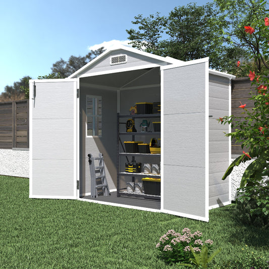 Resin Weather Resistant Outdoor Storage Shed with Floor for Garden, Becky, or Pool Tool, Light Grey