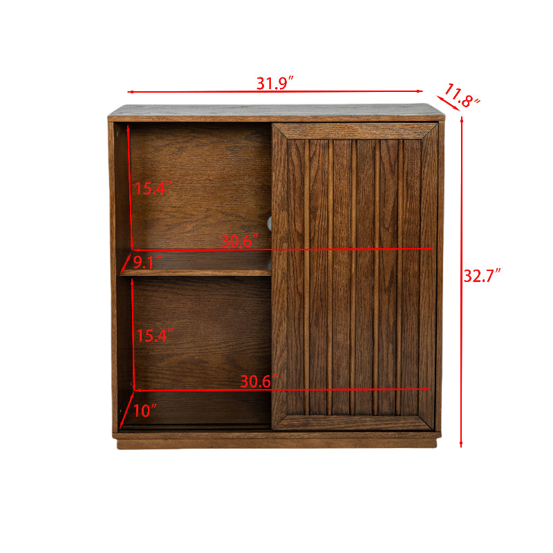 Wooden cabinet with dimensions marked on a white background
