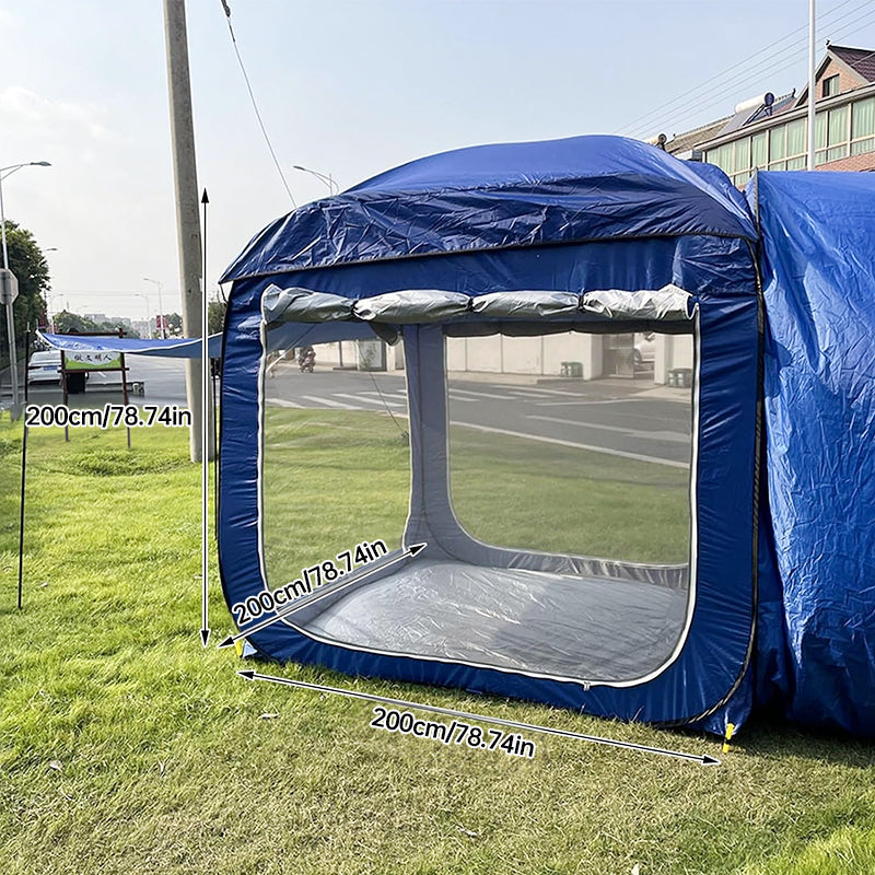 Blue pop-up tent with dimensions indicated on a grassy area