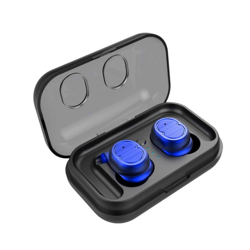 Blue wireless earbuds in a black case on a white background