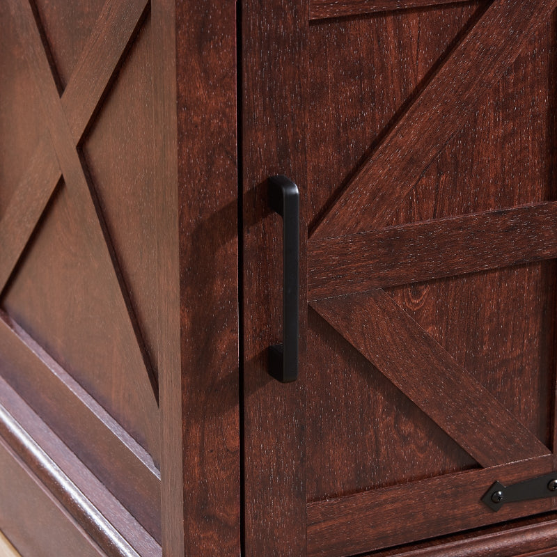 Close-up of a wooden cabinet with a black handle