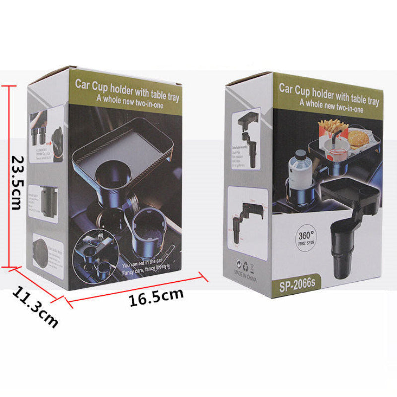 Two packaging boxes for a car cup holder with table tray, showing dimensions and product images.
