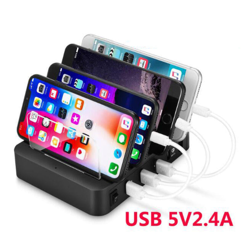 Multi-device charging station with multiple smartphones on a white background