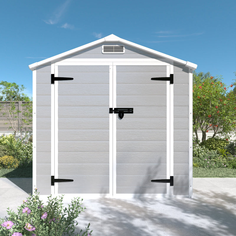 Resin Weather Resistant Outdoor Storage Shed with Floor for Garden, Becky, or Pool Tool, Light Grey