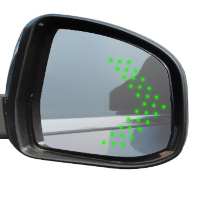 Car side mirror with green arrow indicator on a white background