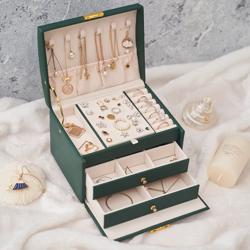 Three Layer Leather Drawer Jewelry Box Light Luxury Earrings Jewelry Storage Box Stud Earrings With Lock Jewelry Box