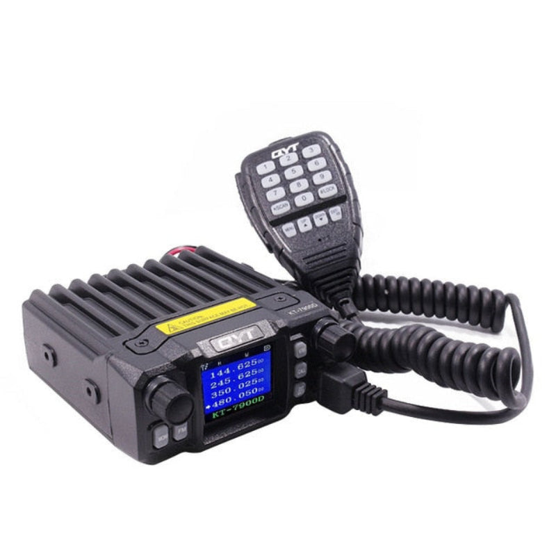 Black radio transceiver with digital display on a white background