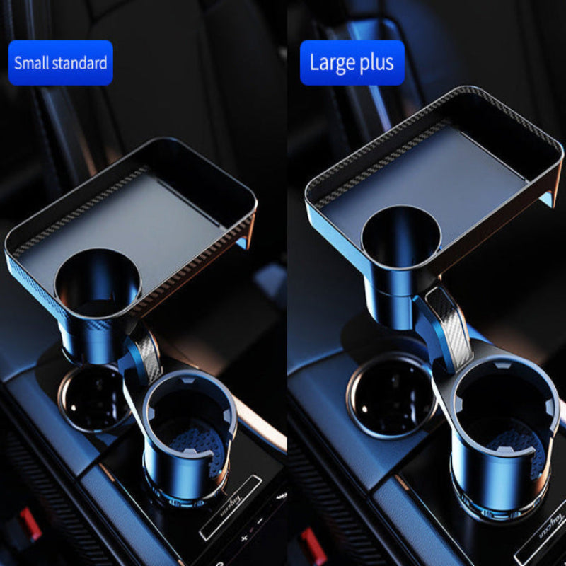 Two car cup holders with trays, one small and standard, one large plus, in a dark interior setting.