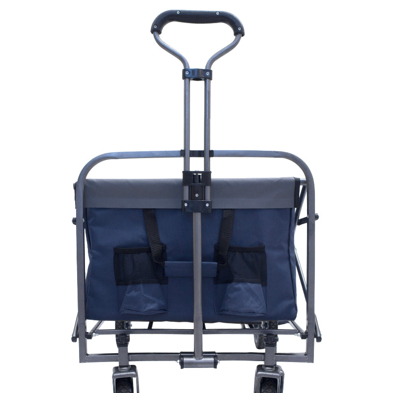 Blue shopping cart with a seat on a white background