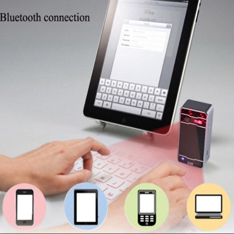Tablet with virtual keyboard projection, hand interacting, and Bluetooth connection text.