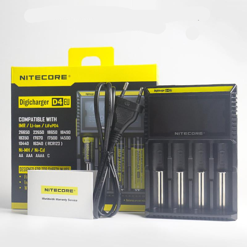 Nitecore Digicharger D4 EL battery charger with packaging on a white background