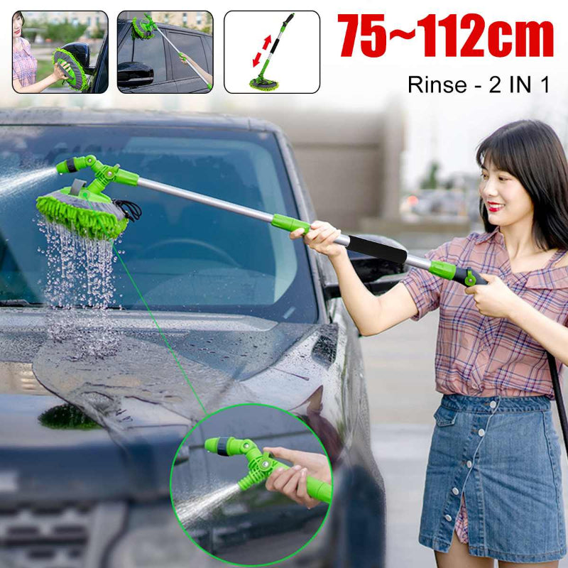 Woman using a telescopic car washing tool on a car with additional images of the tool in use.